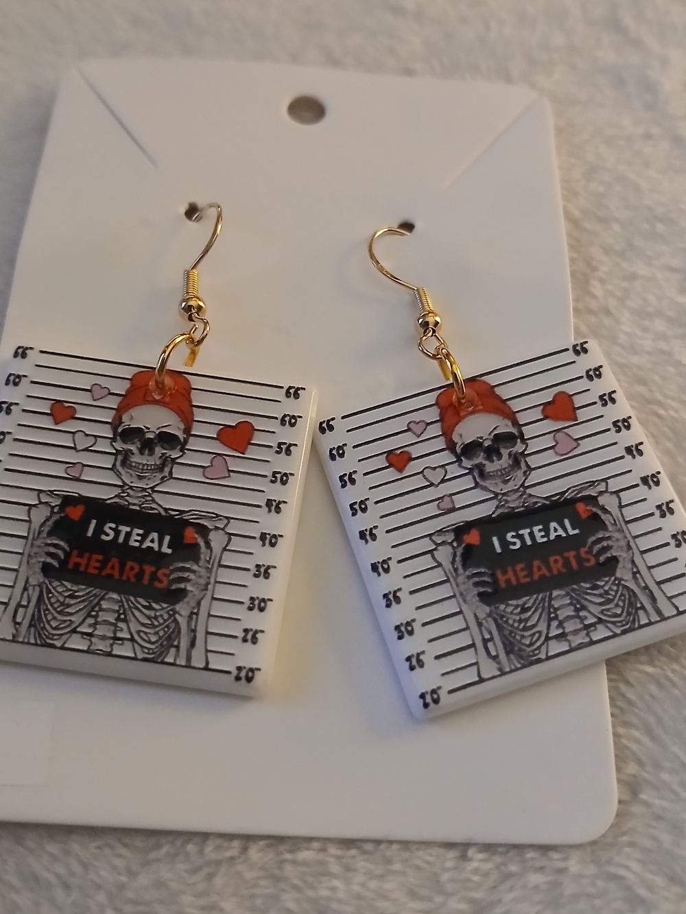 I Steal Hearts Jailhouse Skeleton Halloween Dangle Earrings - NWT on CARD